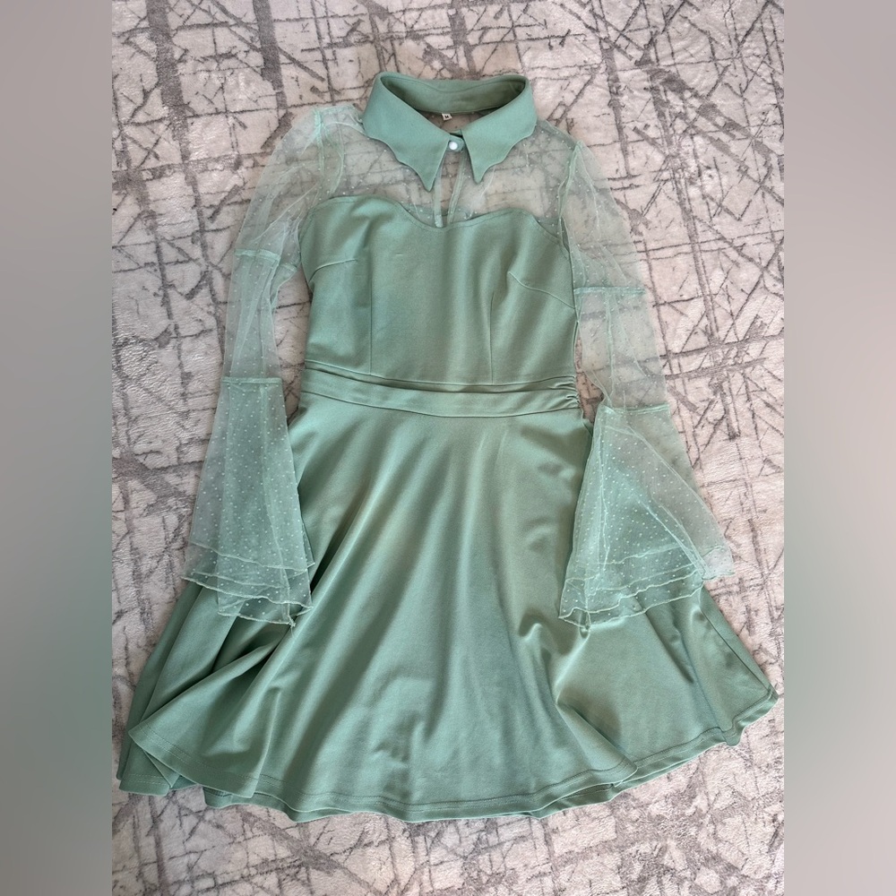 Green mini dress sheer sleeves fit and flare romantic coquette style